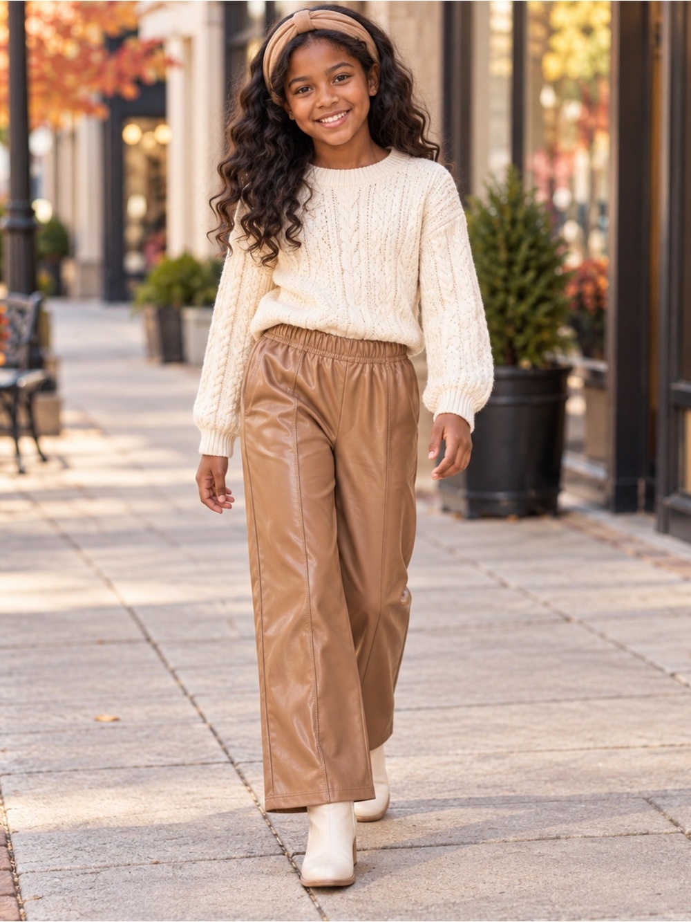 Tahari Girl Size 10 Camel Faux Leather Wide Leg Pull On Pants - Picture 3 of 6